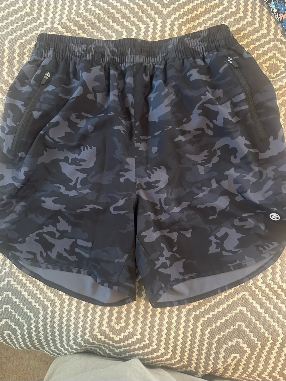 Women's Black Camo Athletic Shorts with Elastic Waist and Zip Pockets